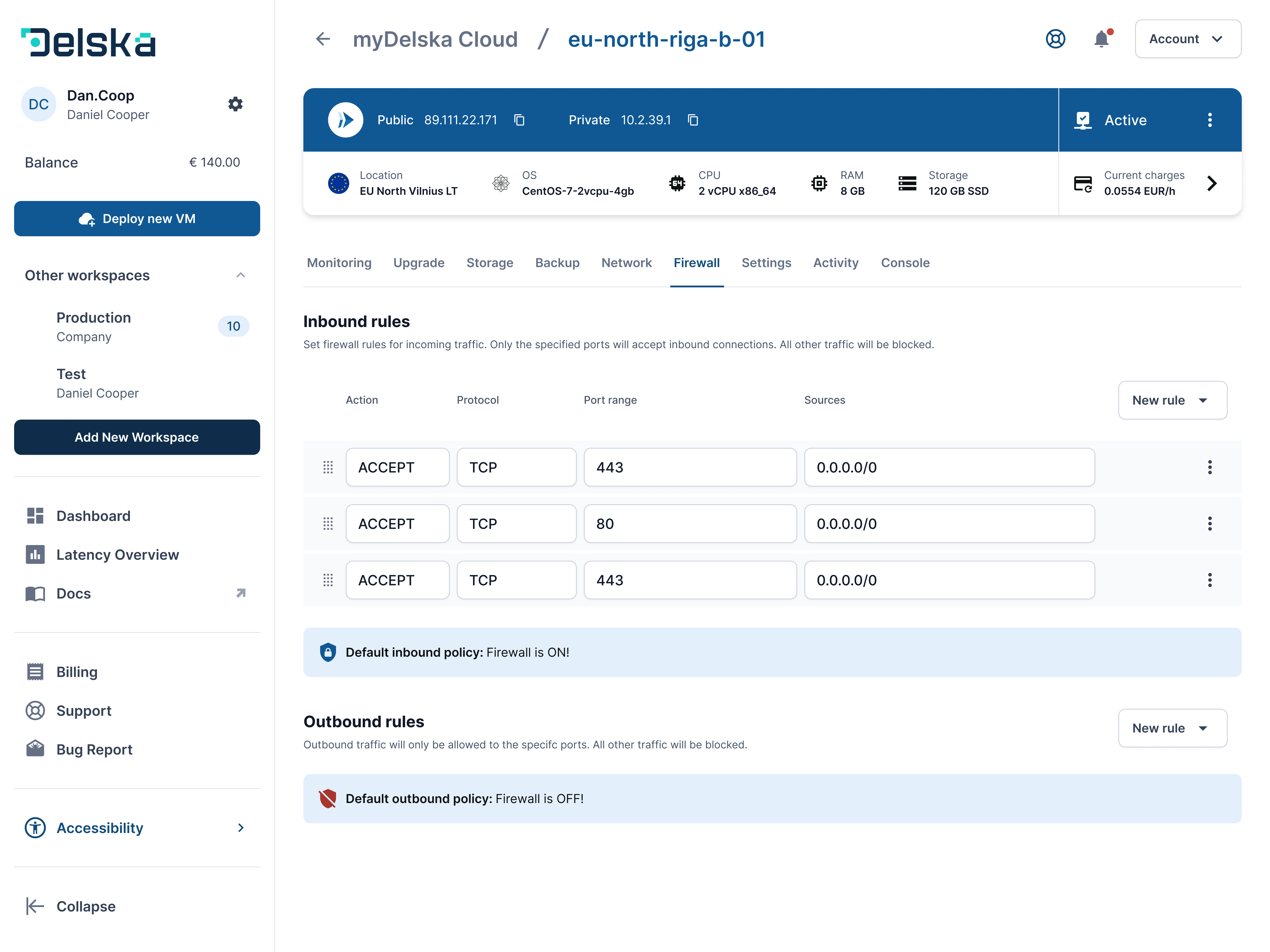 Firewall rule allowing HTTP and HTTPS traffic to a myDelska VM