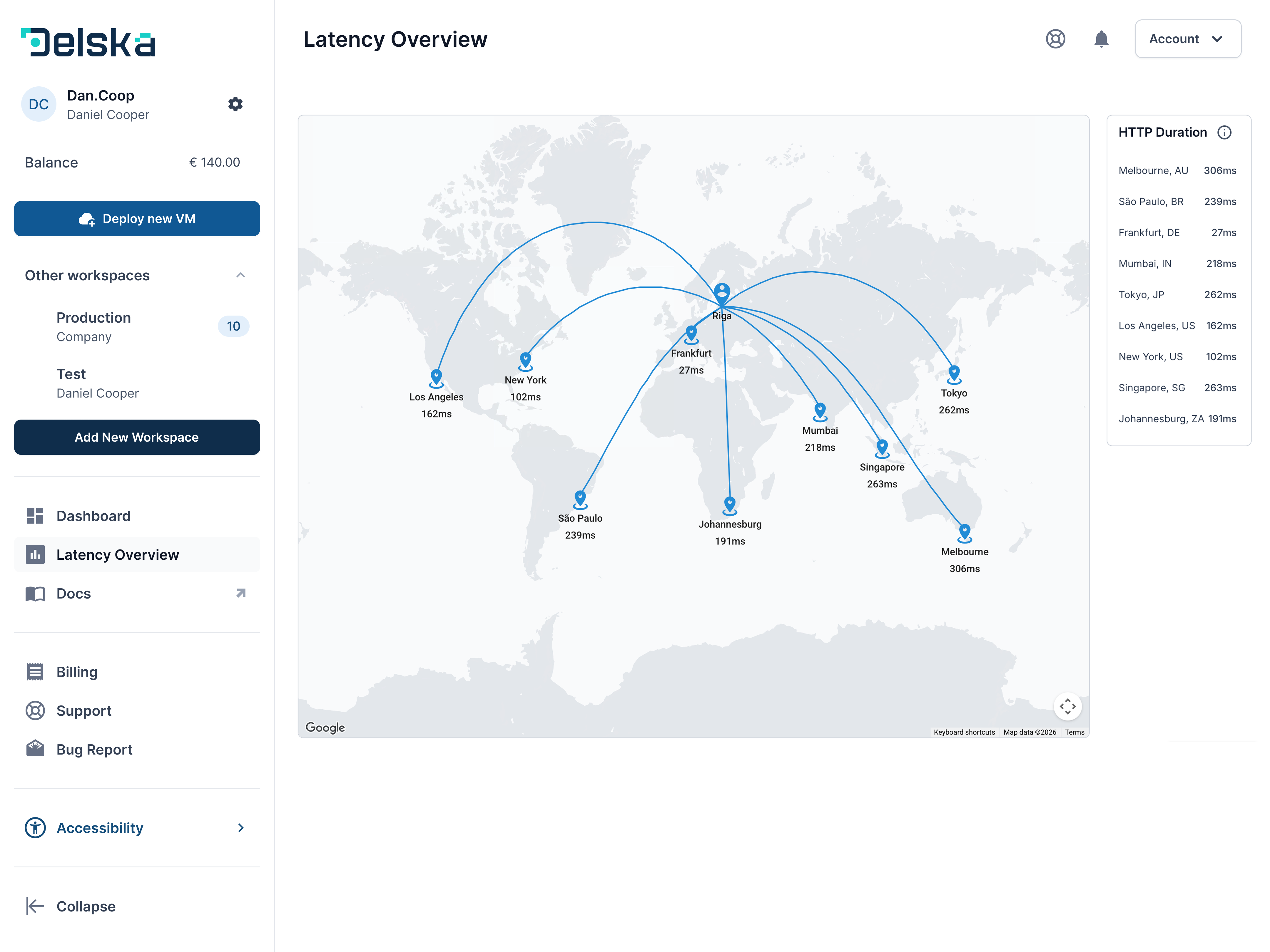 Real-time latency map to the myDelska EU North region