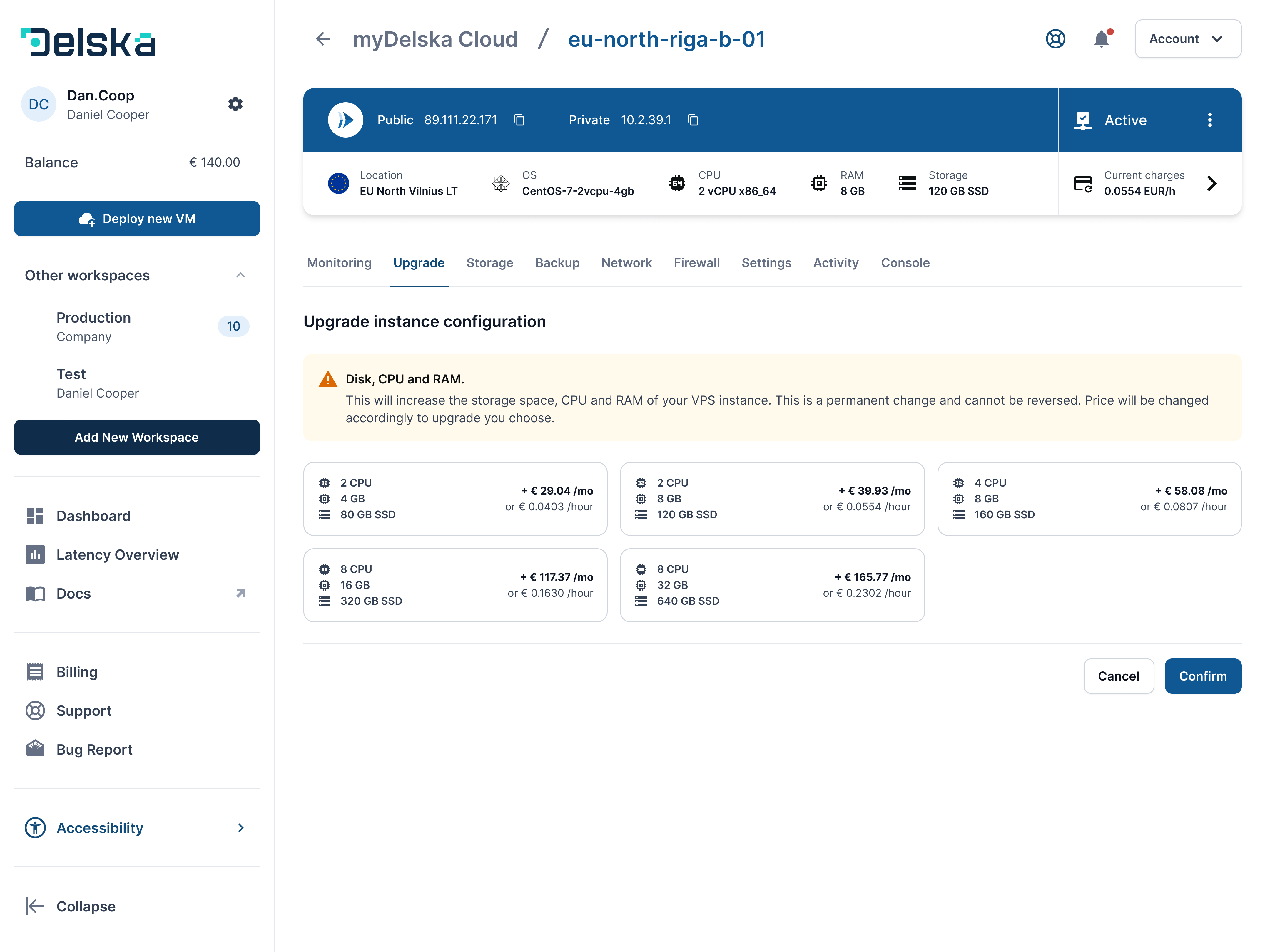 VM plan upgrade screen in myDelska